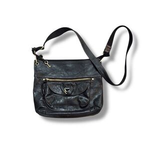 FOSSIL Leather Crossbody‎ Bag Black Medium Adjustable Strap Zip Pocket Classic